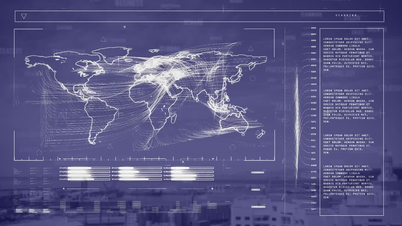 Animation of data processing with world map on digital interface