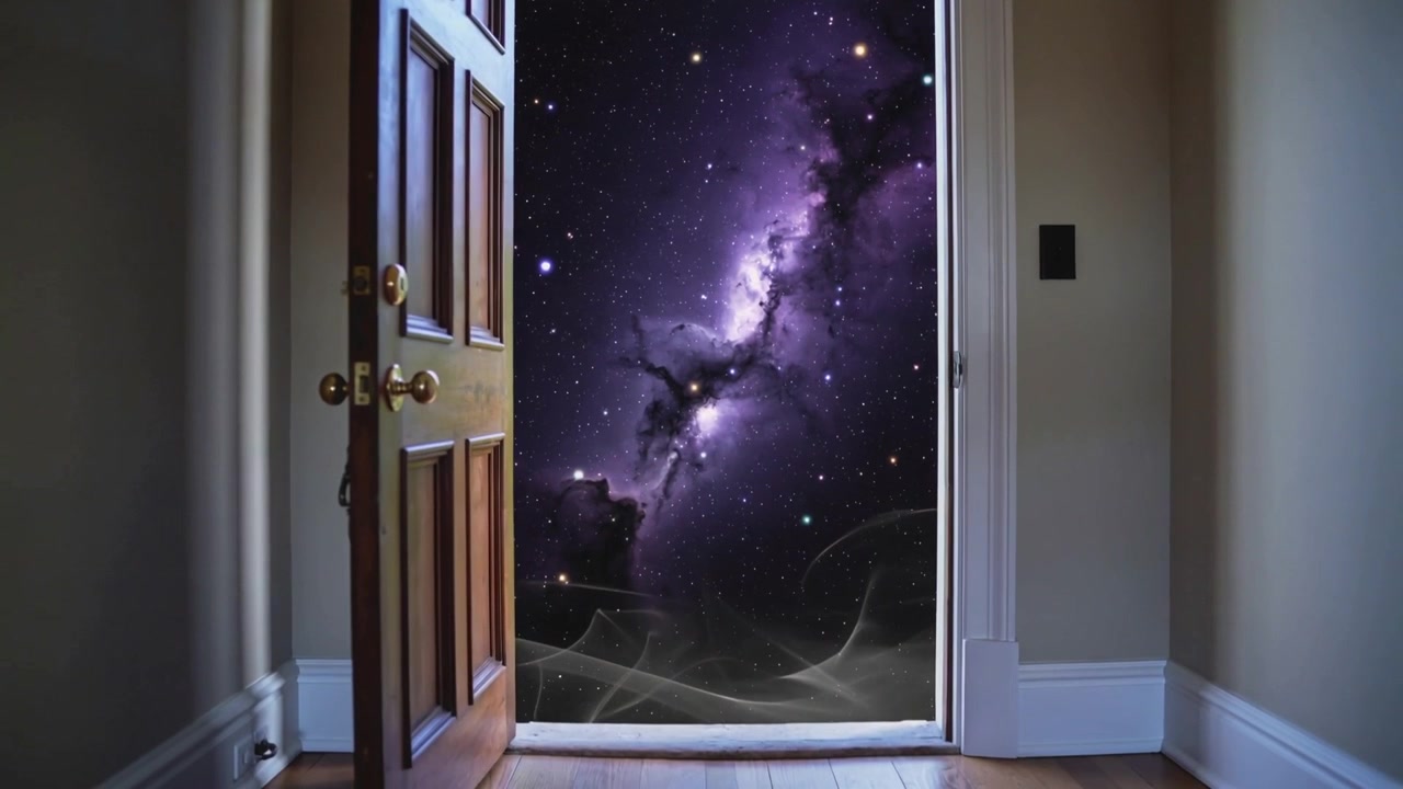 En svingende åben dør med træpaneler afslører en lilla nebula i en entré, med messinggreb og tåge.