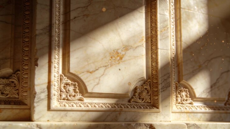 La luce del sole che si sposta crea raggi diagonali che attraversano un pannello di marmo intagliato nell'atrio, rivelando i granelli di polvere.