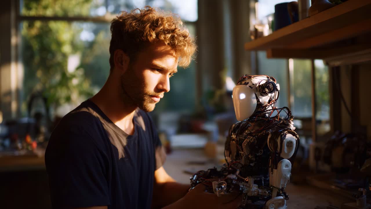 Et kreativt øyeblikk: En ung ingeniør som knytter emosjonelt bånd til en humanoid robot i et lyst verksted fylt med naturlig lys og innovasjon