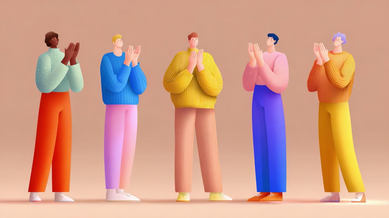 A group of animated characters stands cheerfully together, applauding and celebrating a moment of joy, showcasing a vibrant yet harmonious scene full of lively expressions and colorful attire