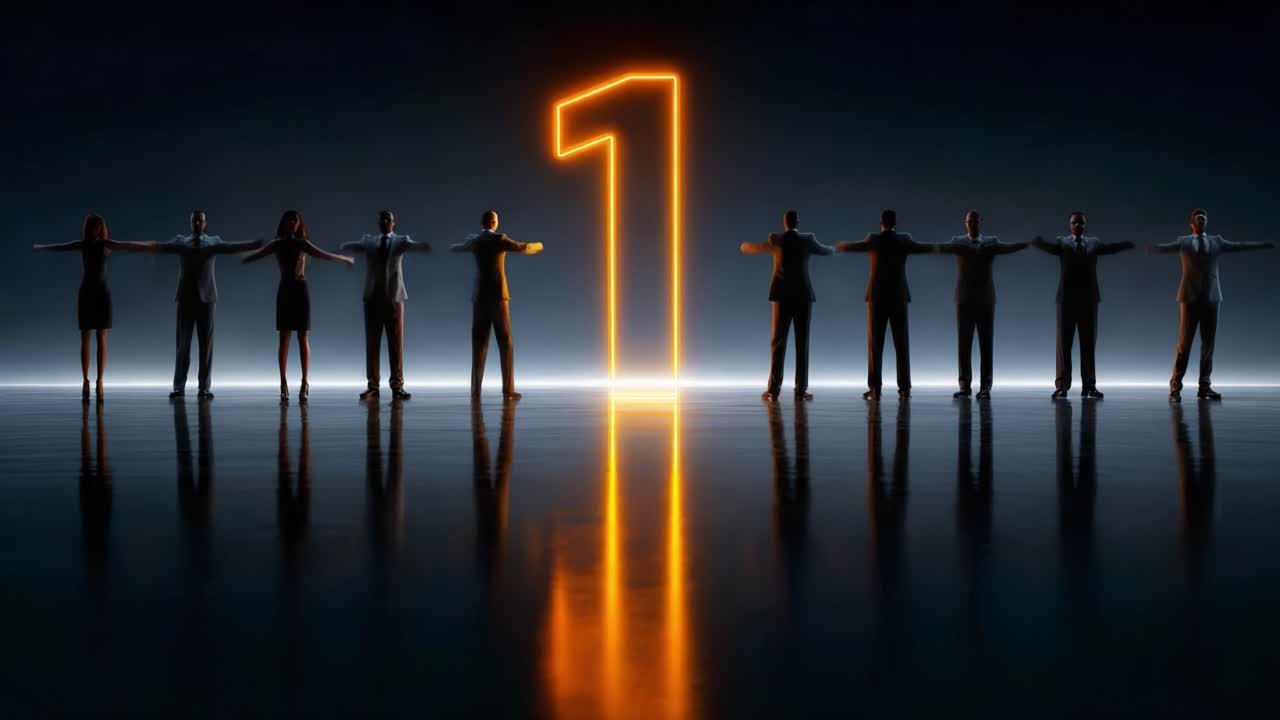 A Dynamic Group of Individuals in Formal Attire Celebrates a Significant Achievement, Highlighted by a Brightly Lit Number '1' in a Captivating Atmosphere of Anticipation and Unity