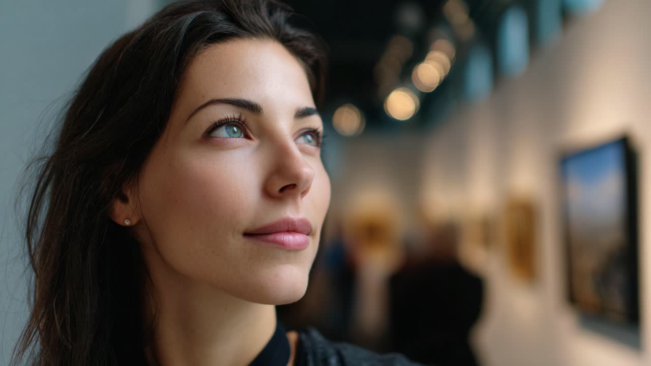Captivated by Art: A Thoughtful Woman Gazes Contemplatively at a Gallery, Absorbing the Beauty and Creativity Surrounding Her in a Vibrant Art Exhibition Space