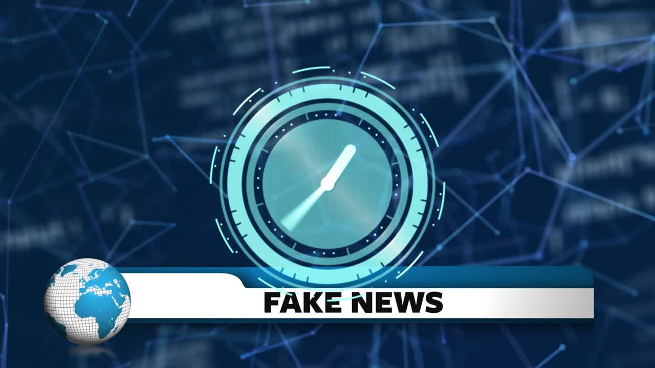 Animation of clock moving over news and network of connections on blue background
