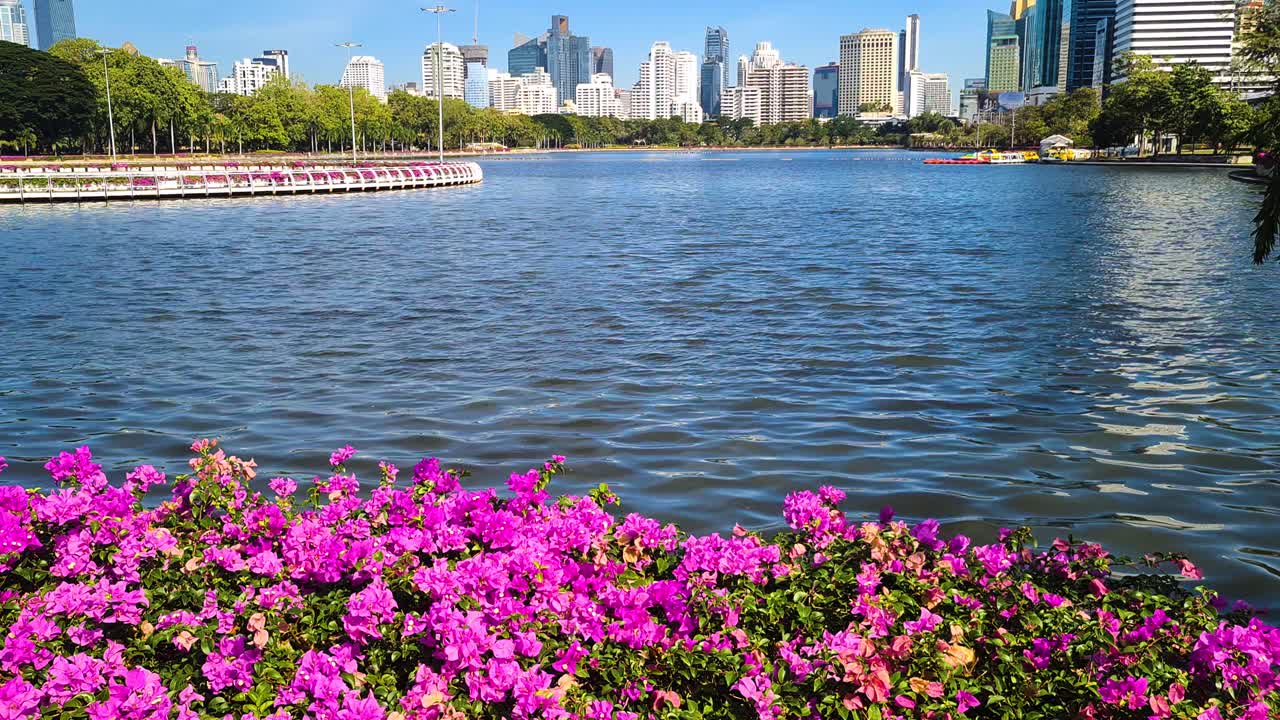 Bangkok, Thailand, Benjakiti Park Lake and Modern Buildings on Sunny Day