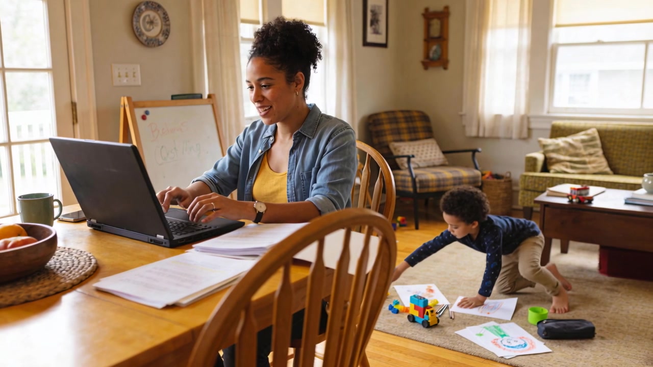 Mujer tecleando con una blusa amarilla usando una laptop en una mesa, supervisando, mirando de reojo mientras un niño alcanza una taza verde.