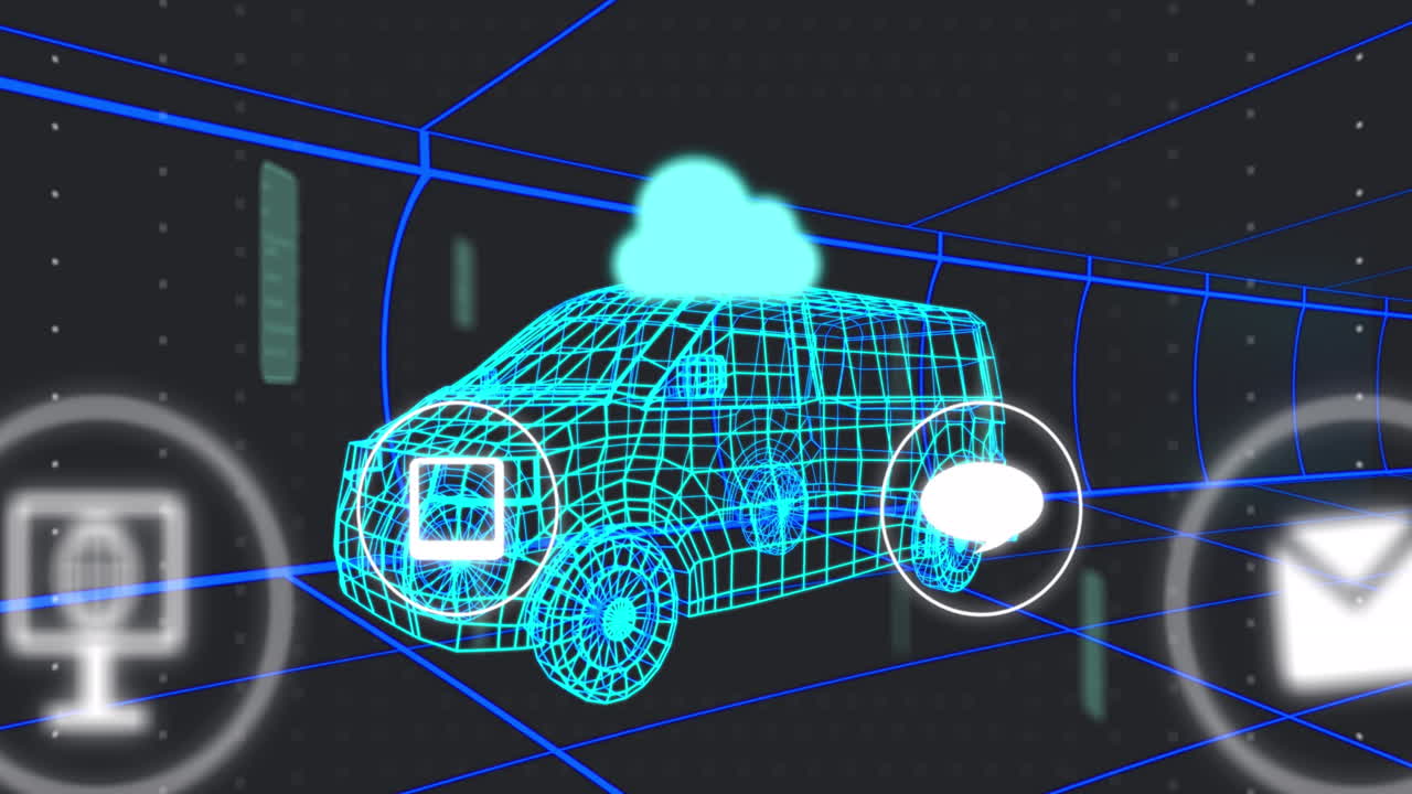 터널에서 원활한 패턴으로 움직이는 3d 밴 모델 위의 여러 디지털 아이콘의 애니메이션