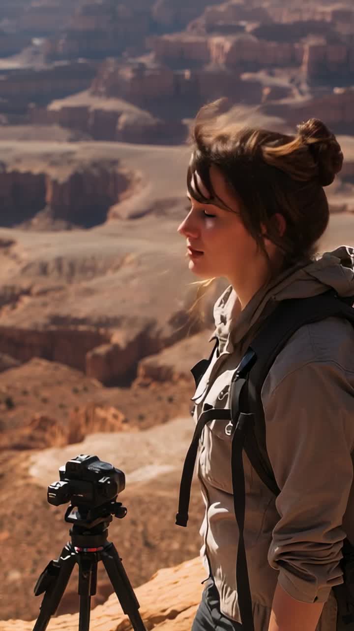 Vertical video: Facing adult woman composing canyon shot, wind moving hair, with tripod and jacket