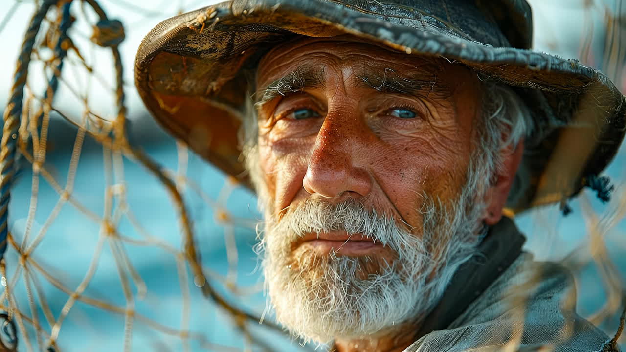 Uomo segnato dal tempo che pesca in riva al lago. Uomo con barba e cappello vicino a una rete da pesca in riva al lago durante l'ora d'oro, catturando l'immobilità della natura.
