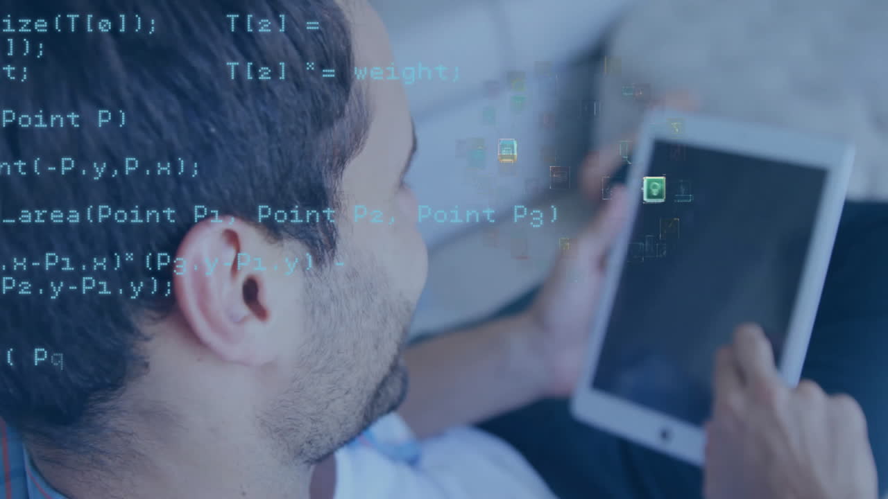 Animation of digital data processing over caucasian businessman using tablet