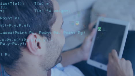 Animación-Del-Procesamiento-De-Datos-Digitales-Sobre-Un-Hombre-De-Negocios-Caucásico-Usando-Una-Tableta