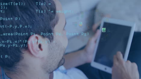 animación de procesamiento de datos digitales sobre empresario caucásico usando tableta