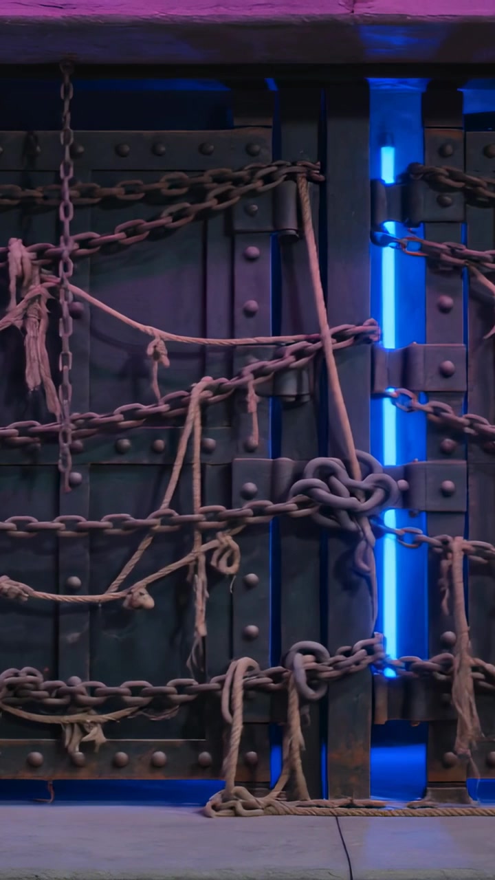 Vertical video: Blue LED activating riveted door seam glowing, widening and loosening chains at set