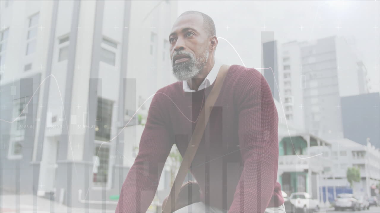 Animation of financial data processing over african american businessman riding bike in city
