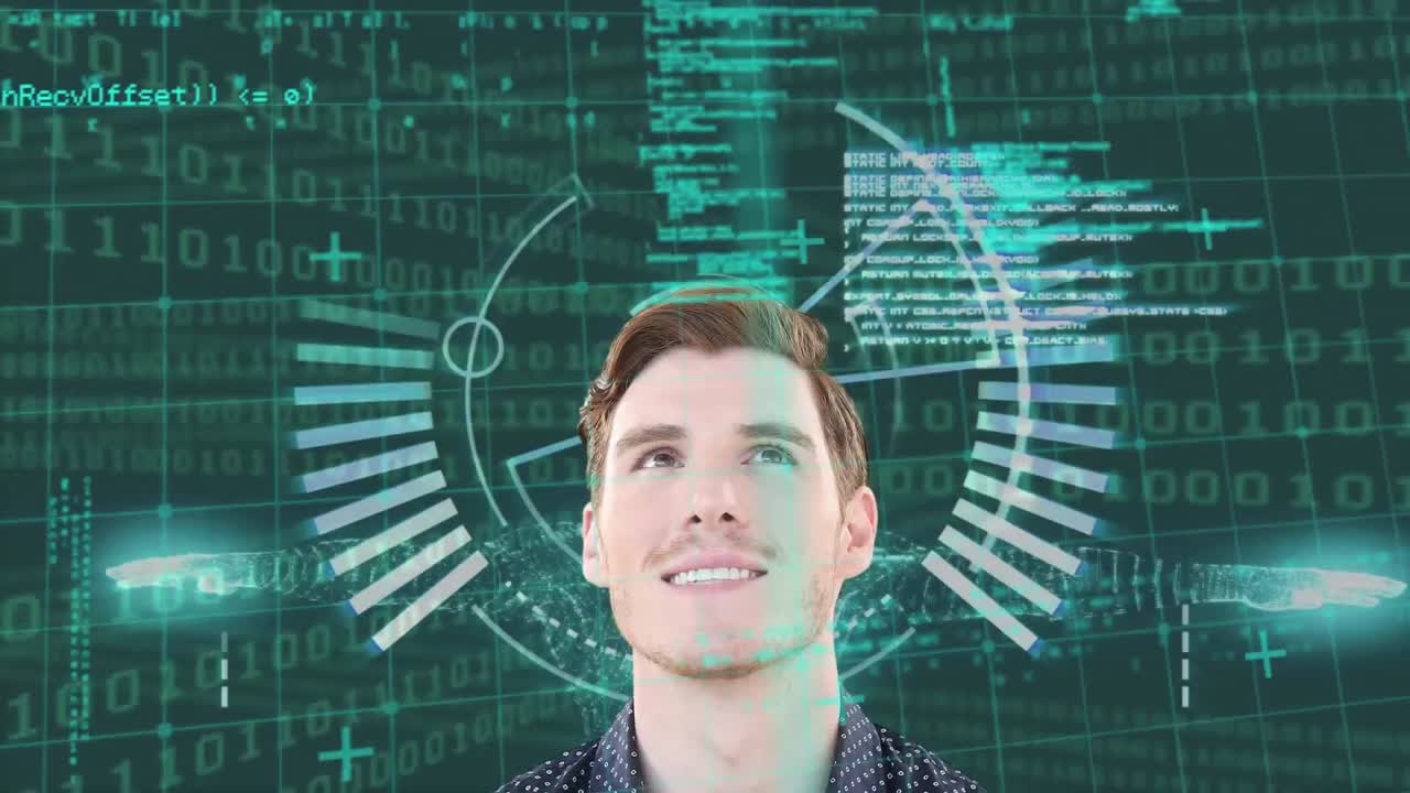 animación del procesamiento de datos con escaneo de alcance sobre un hombre de negocios caucásico en fondo negro