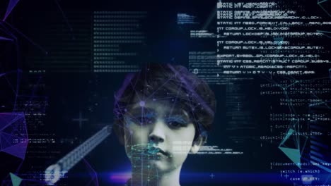 retrato de un niño con procesamiento de datos científicos, codificación binaria con red de conexiones en el ba