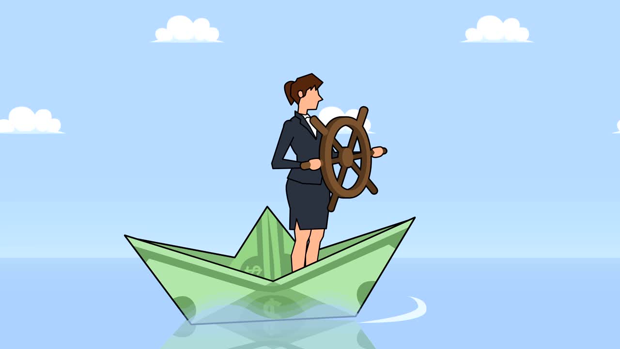 평평한 만화 사업가 캐릭터, 헬름, 달러 종이 보트, 비즈니스 컨셉 애니메이션