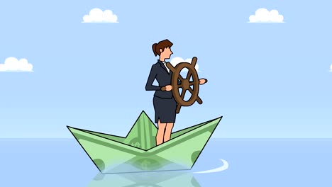 flat cartoon businesswoman character with helm wheel floating on dollar paper boat businesss control concept animation