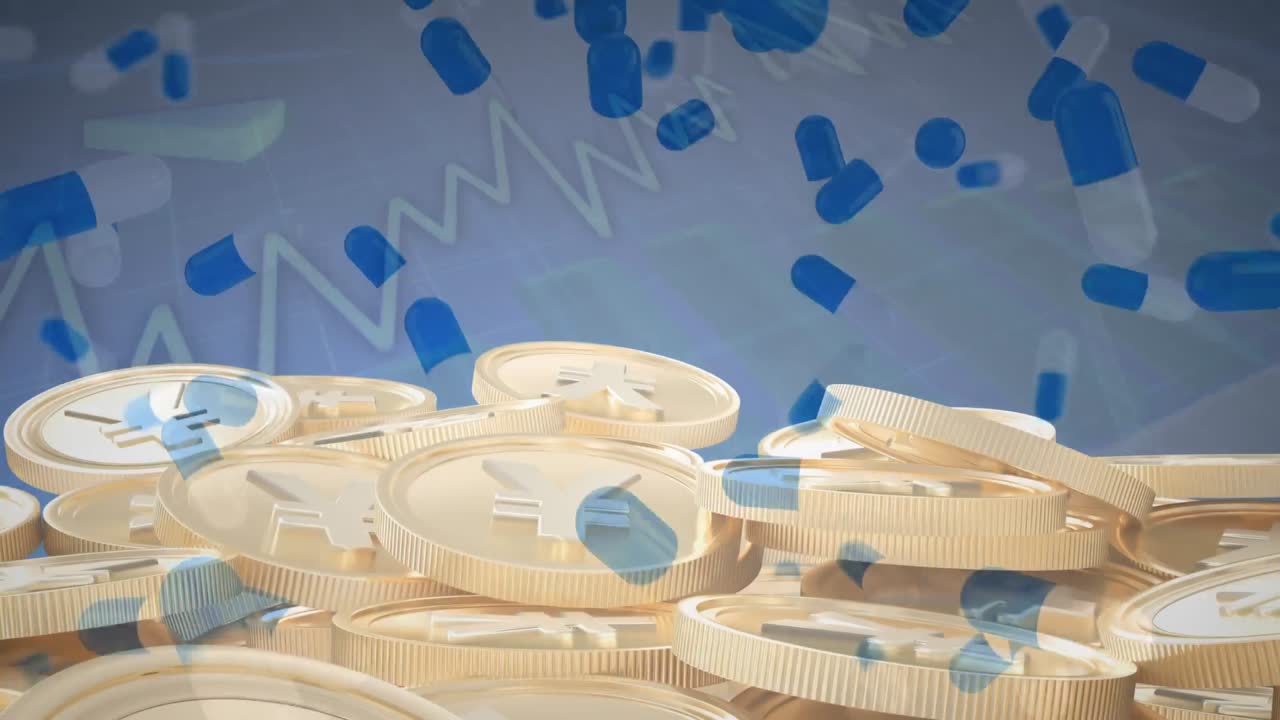 황금 엔 동전의 애니메이션과 주식 시장 디스플레이 위에 떨어지는 알약이 배경에 있습니다.