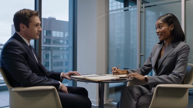 Writing woman in gray suit using pen on notepad as meeting starting at glass office table