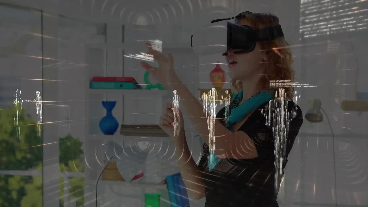 animación del procesamiento de datos financieros sobre una mujer de negocios usando auriculares vr
