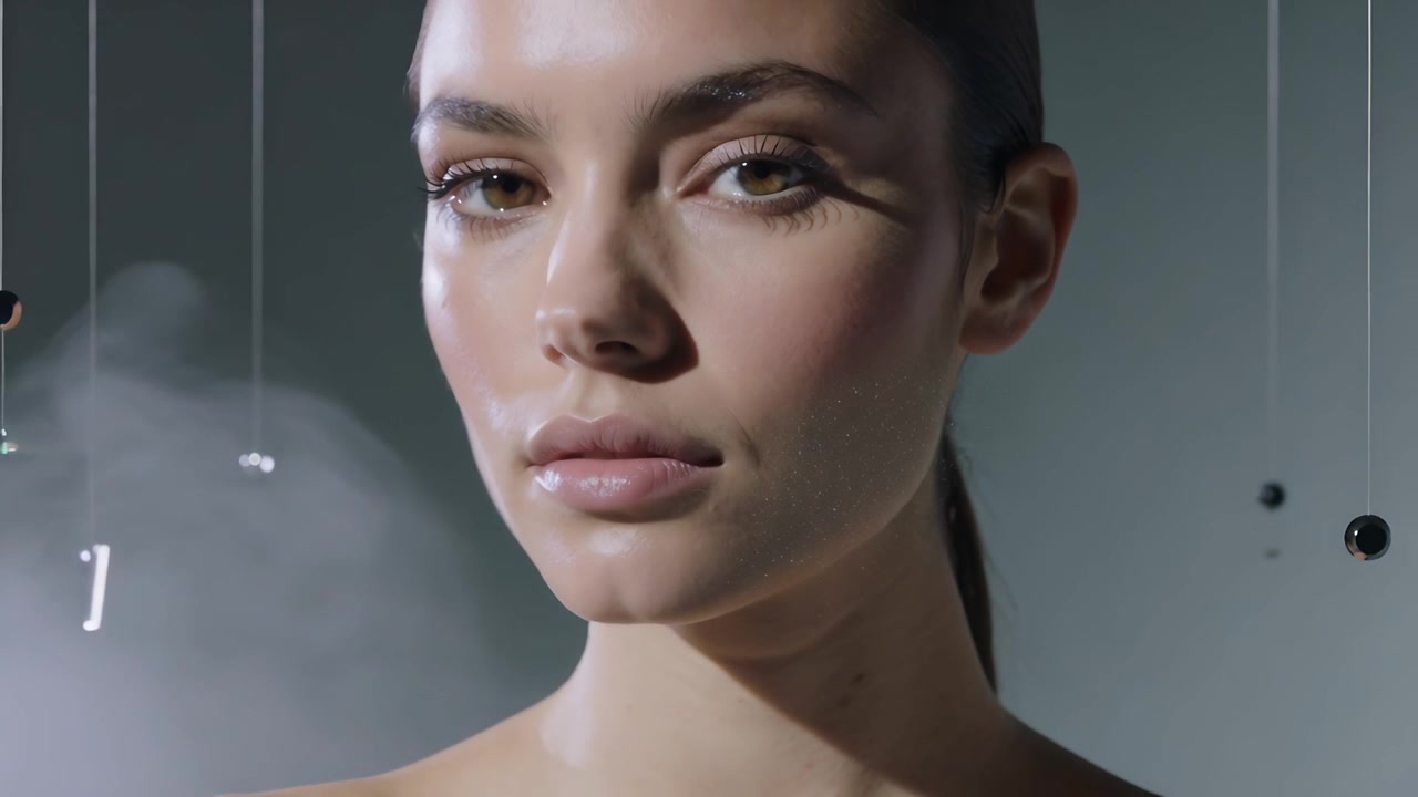 Opening camera revealing model shifting gaze in studio shoot with bare shoulders, rods, mist
