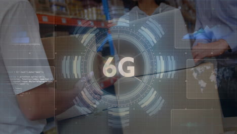 6g technology concept animation over people handling boxes in warehouse