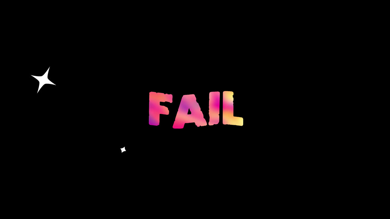 Animated Colorful 'FAIL' Word with Sparkles on Black Background