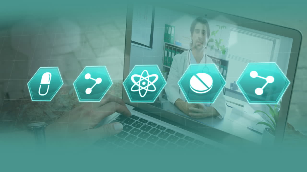 비디오 통화 중에 노트북을 사용하는 사람 위의 디지털 인터넷 아이콘 .