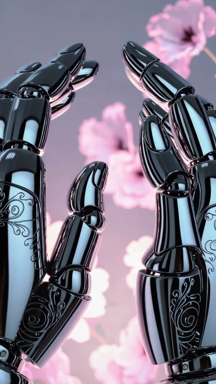 Metallic Robot Hands with Cherry Blossoms