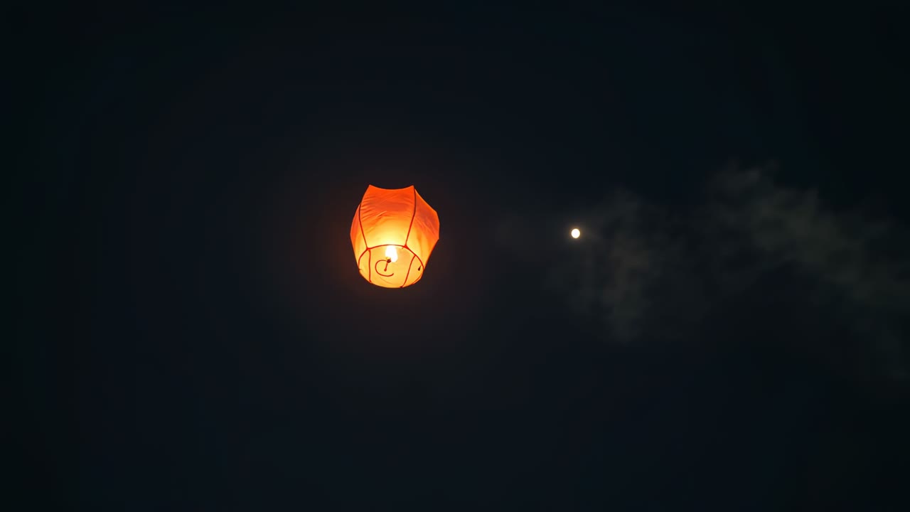 Rising orange paper sky lantern drifting upward in night sky, internal flame heating air near moon