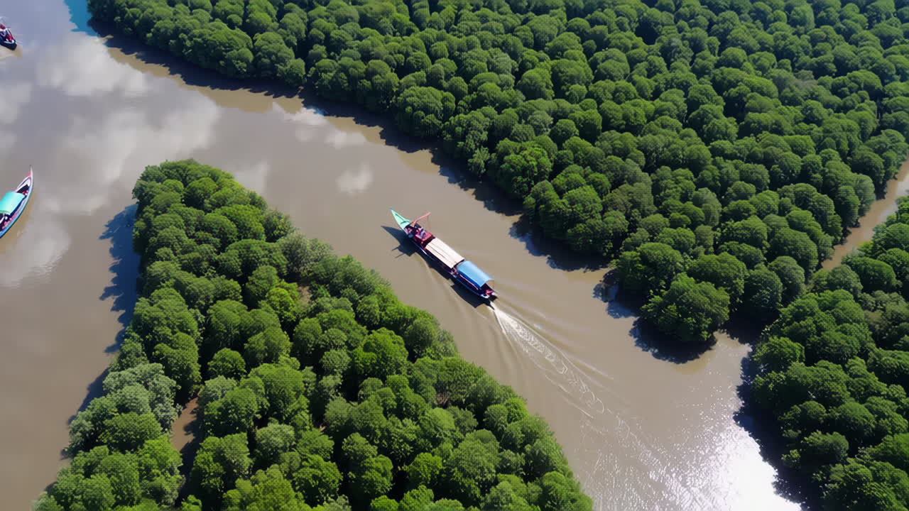 Aerial View of Mangrove River and Boats