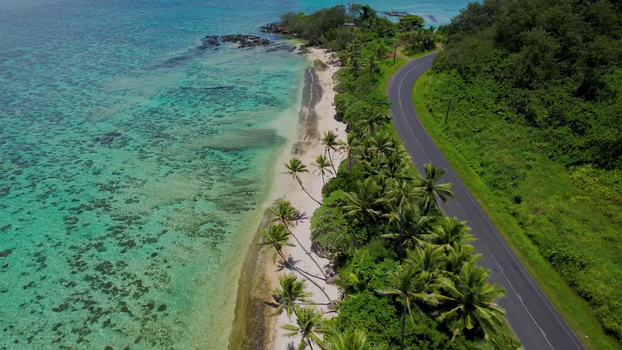 Tropical coastline with road close to beach and cars driving- aerial pull back, pan up