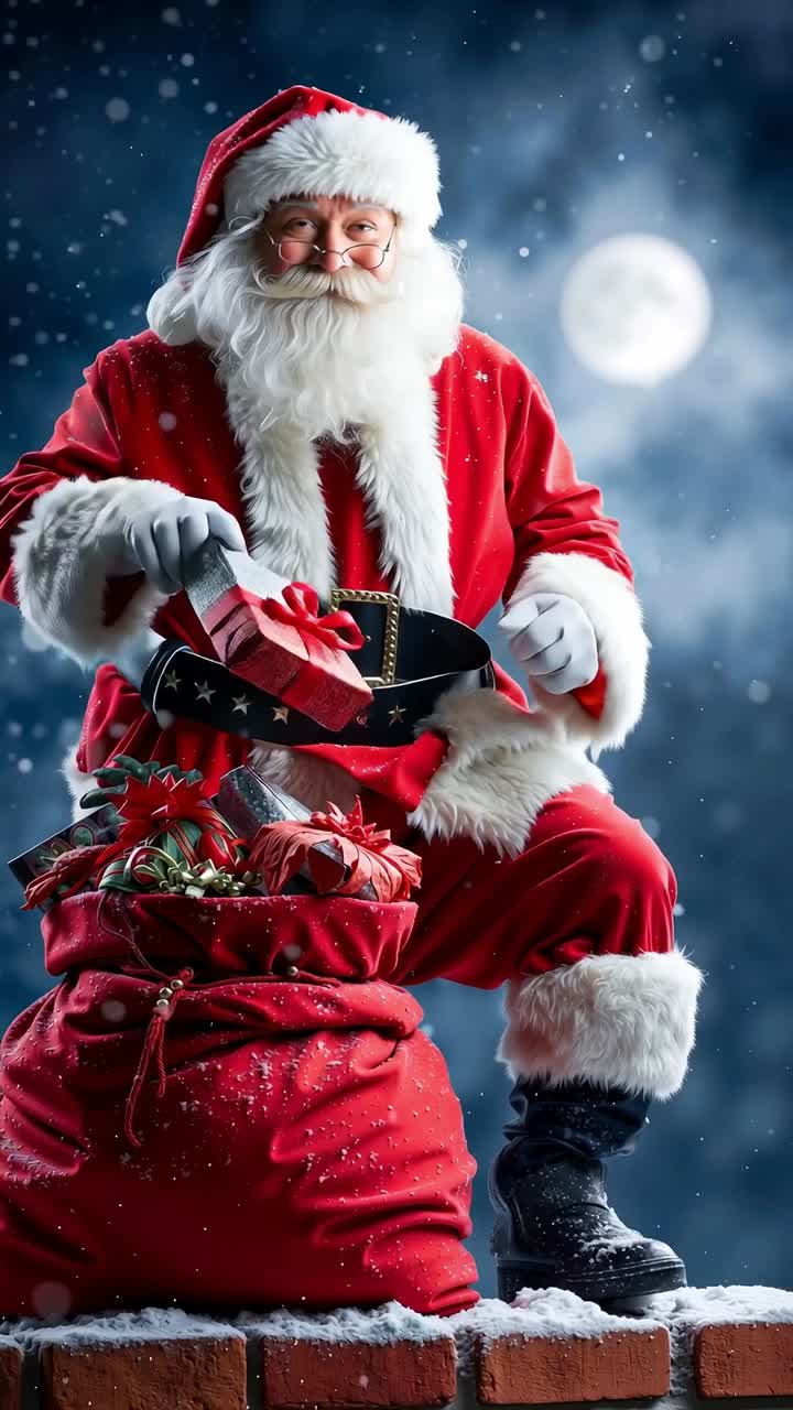 A santa claus sitting on top of a brick wall with a bag of presents