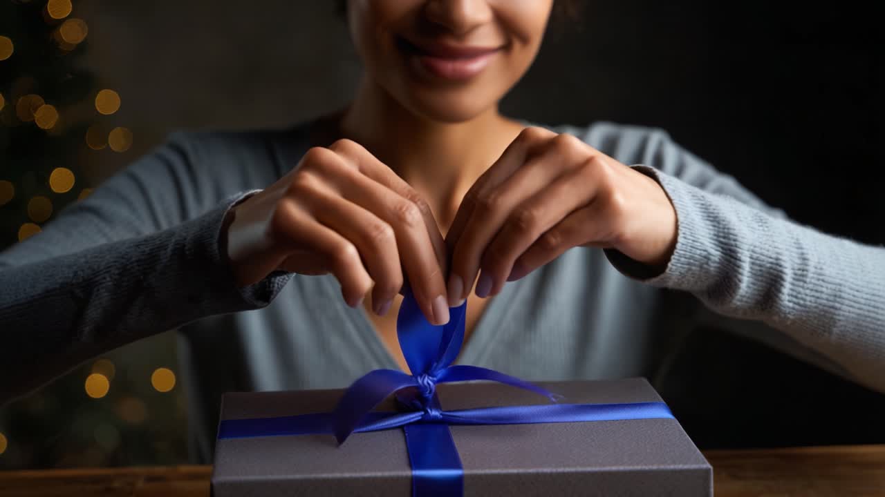 Un momento gioioso di scartare un regalo splendidamente incartato, catturando l'eccitazione e l'attesa nell'aria mentre il nastro viene meticolosamente sciolto con cura.