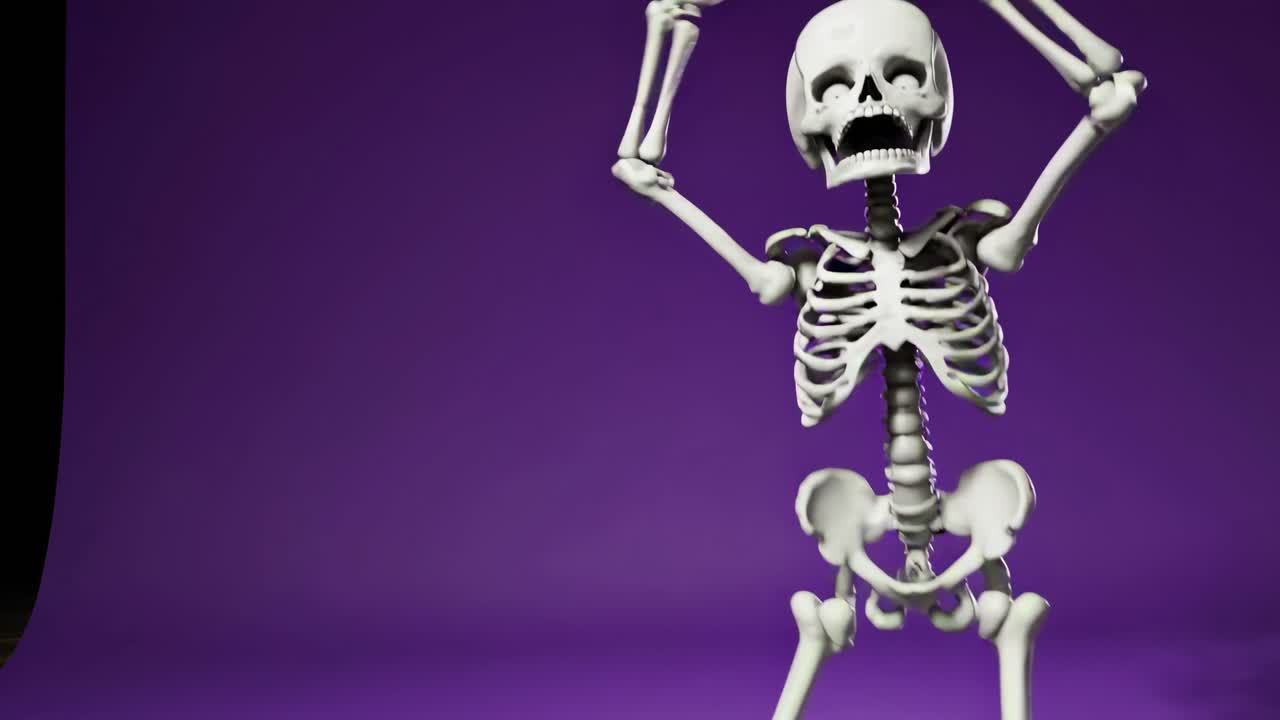 A 3D animated skeleton poses playfully against a purple backdrop. The low-angle shot adds a dynamic