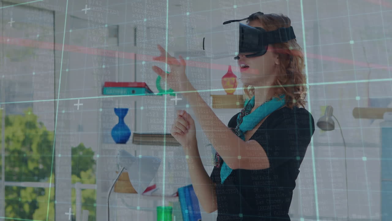 Using VR headset, woman interacting with digital animation in modern office