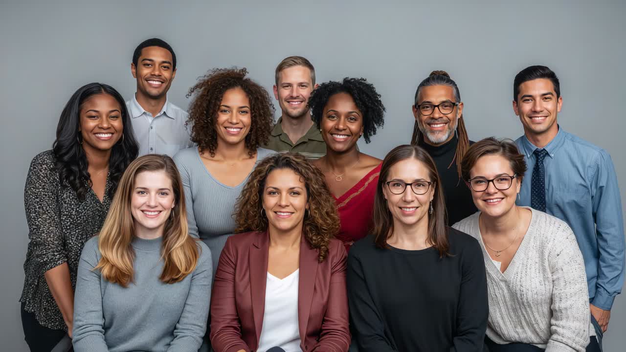Photographer calling eleven colleagues adjusting in studio, posing for group portrait with blazers