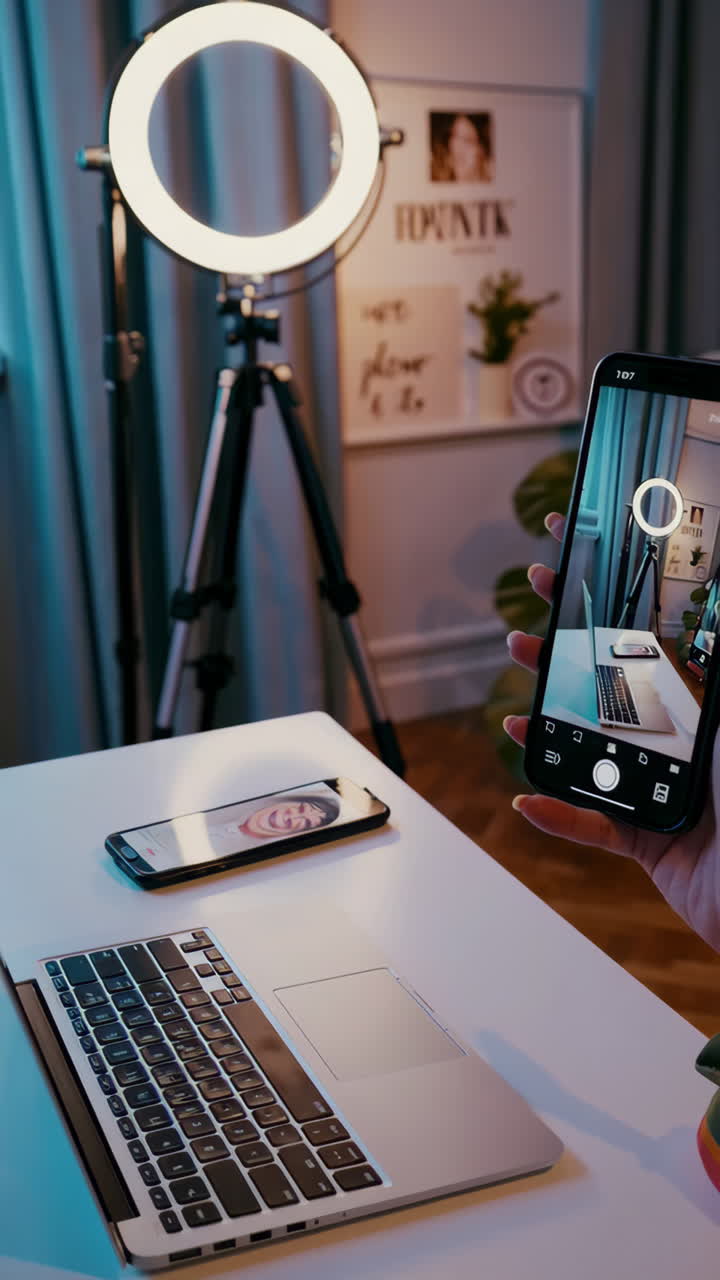Mobile phone selfie shoot with ring light and laptop