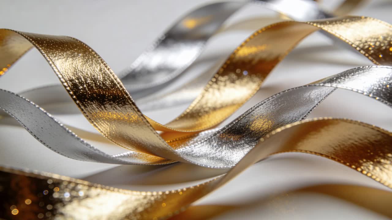 Rippling gold and silver ribbons reacting to soft light on white surface, revealing stitched edging