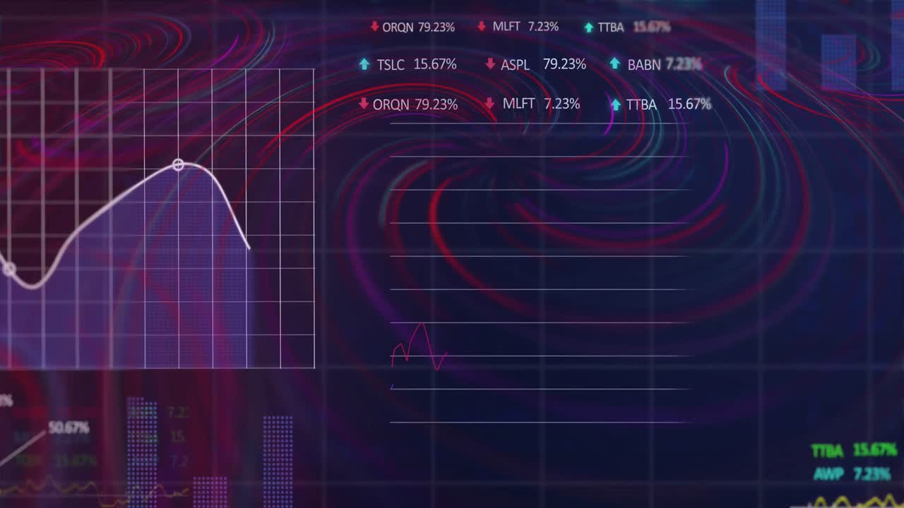 Animation of financial data processing over dark background