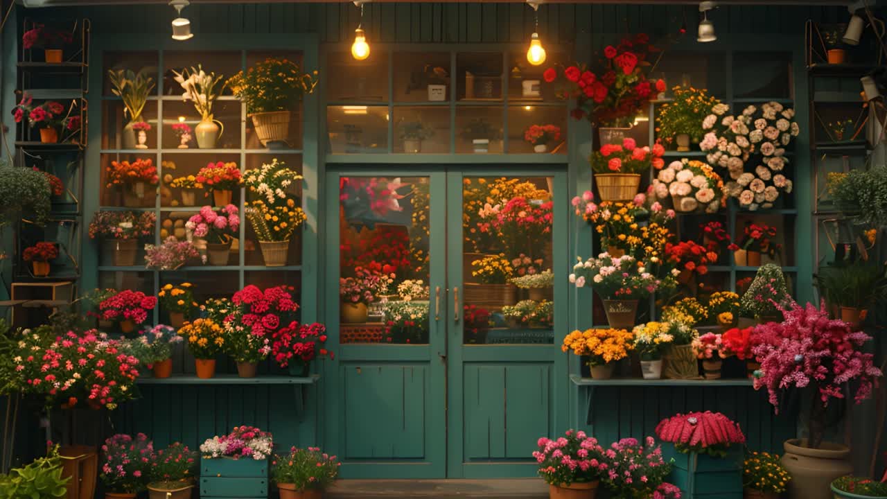 Facciata colorata di negozio di fiori con fiori rigogliosi