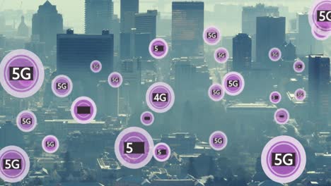 Animation-of-multiple-5g-text-banners-floating-against-aerial-view-of-cityscape