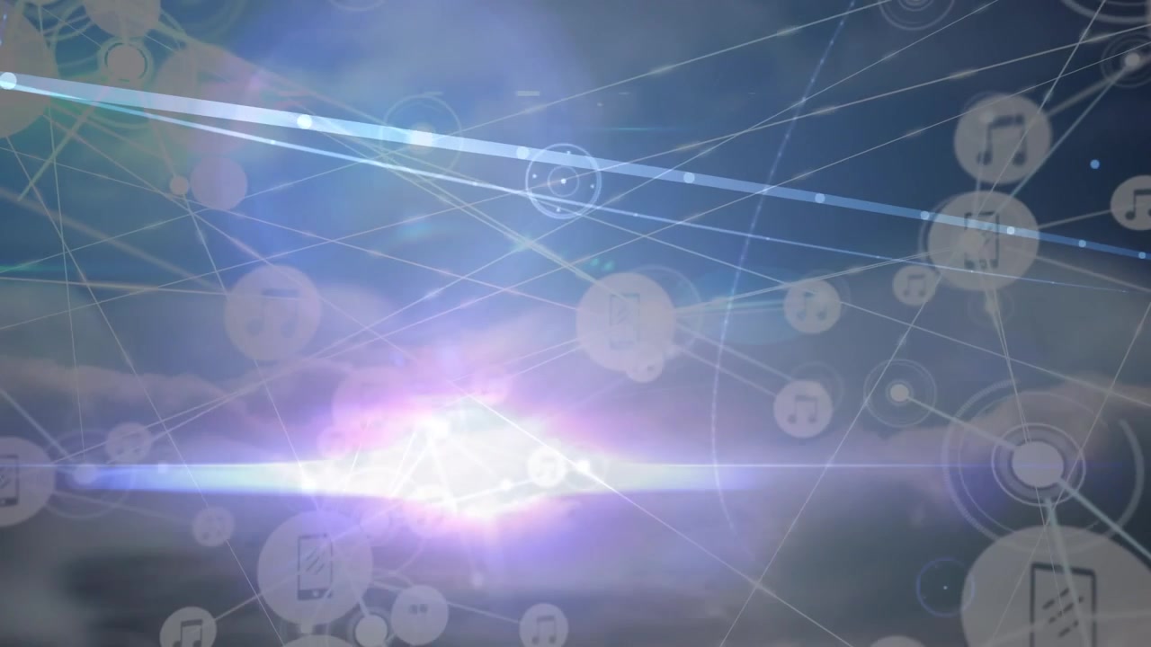Animation of network of connections and data processing over cloudy sky