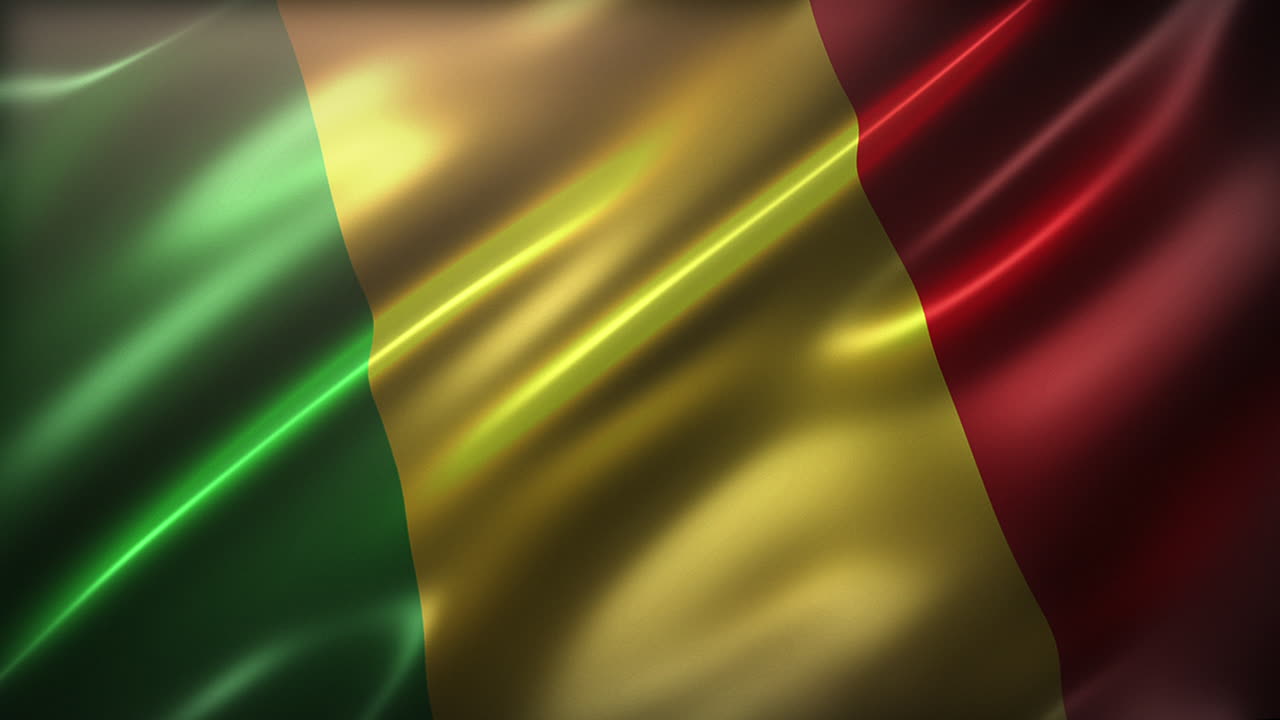 La bandiera nazionale della Repubblica del Mali, angolazione elevata, vista prospettica, aspetto cinematografico, animazione CG realistica, loop continuo, lucida, ondeggiamento al rallentatore, elegante trama setosa che sventola