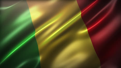 la bandera nacional de la república de malí, ángulo alto, vista en perspectiva, aspecto y sensación cinematográfica, animación cg realista, loop sin costuras, brillante, movimiento lento, agitación, elegante textura sedosa