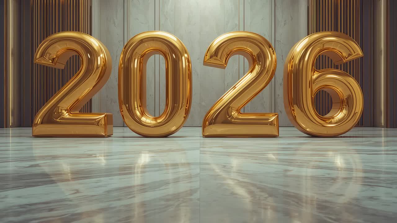 Luce zenitale che fa brillare numeri dorati del 2026 su pavimento di marmo, sfondo scanalato