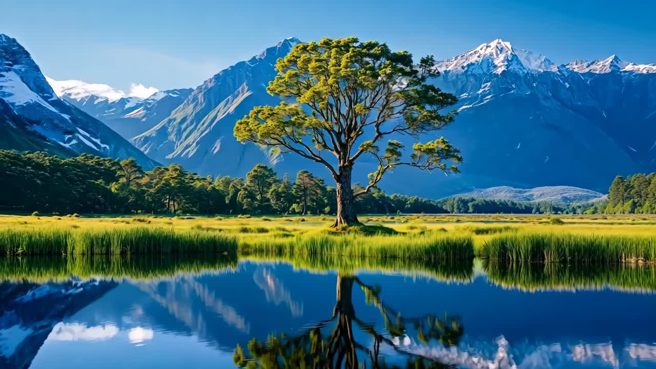 un árbol solitario en medio de un lago con montañas al fondo