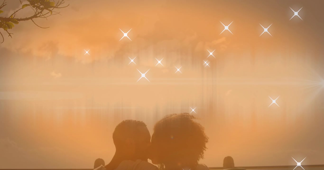 Animation of shining star icons over african american couple kissing each other at the beach