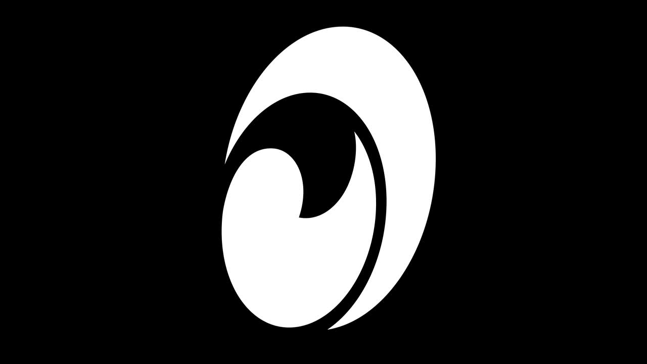 16:9 영상 형식으로 풀 스크린에서 중앙으로 사라지는 크기를 줄여 시계 방향으로 회전하는 스트로보스코픽 및 최면 효과를 가진 흑백 그래픽 객체